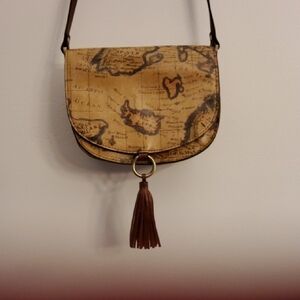 Vintage Map Print Crossbody Bag with Tassel - Brown